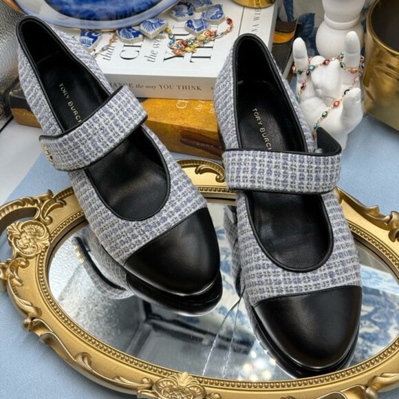 🆕 TORY BURCH 🧿 NWOB Mary Jane Heeled Ballet Flat, Blue Tweed, Sz 6.5 *SAMPLE* - Picture 4 of 16